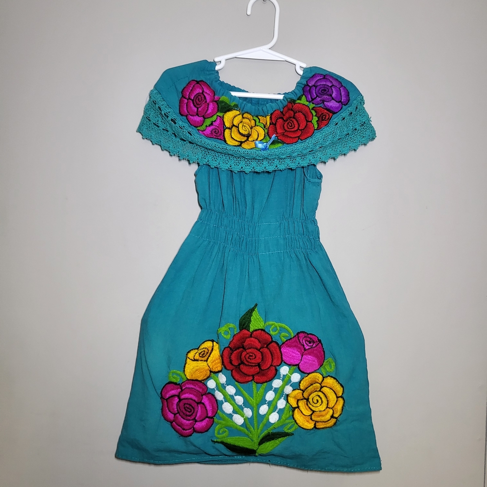 Mexican Tradicional Floral Embroidered Kids Dress - Teal, Red, Yellow, Purple